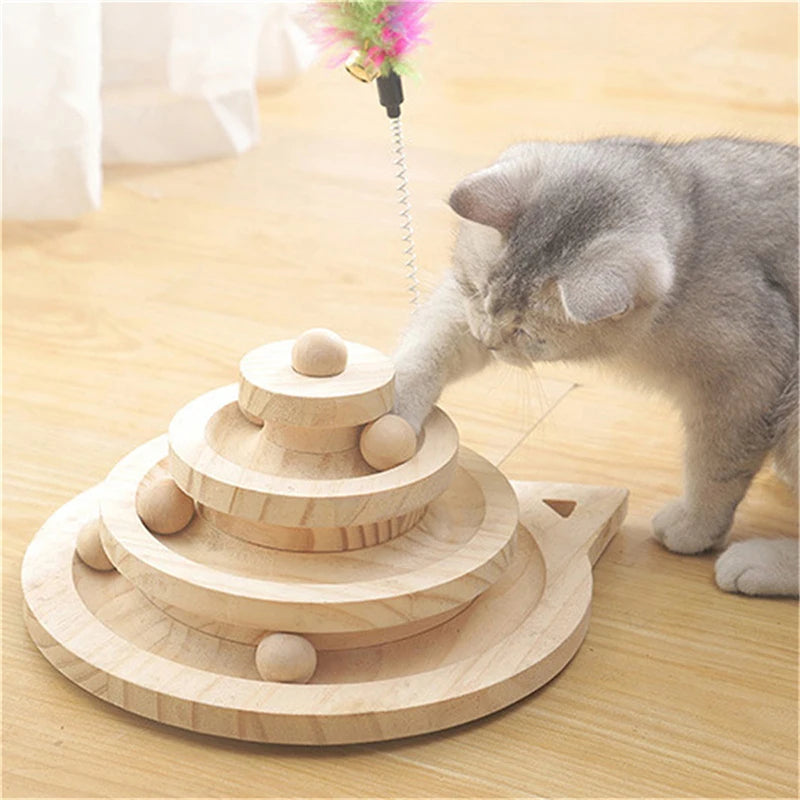 Holz 2/3-stöckiger Katzen-Spielturm mit Scheiben – Intelligenzfördernde Spielbahn für Katzen, Triple-Disc-Spielzeug, Ball-Training