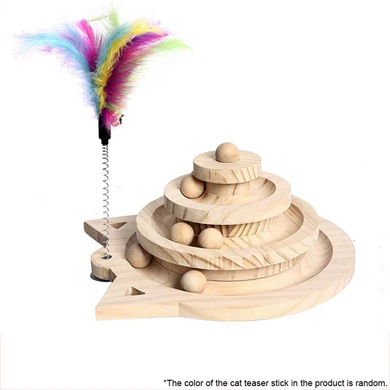 Holz 2/3-stöckiger Katzen-Spielturm mit Scheiben – Intelligenzfördernde Spielbahn für Katzen, Triple-Disc-Spielzeug, Ball-Training