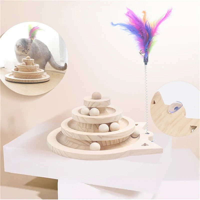 Holz 2/3-stöckiger Katzen-Spielturm mit Scheiben – Intelligenzfördernde Spielbahn für Katzen, Triple-Disc-Spielzeug, Ball-Training