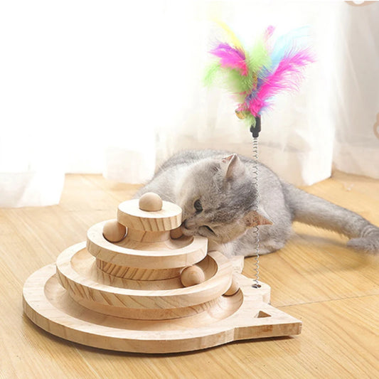 Holz 2/3-stöckiger Katzen-Spielturm mit Scheiben – Intelligenzfördernde Spielbahn für Katzen, Triple-Disc-Spielzeug, Ball-Training